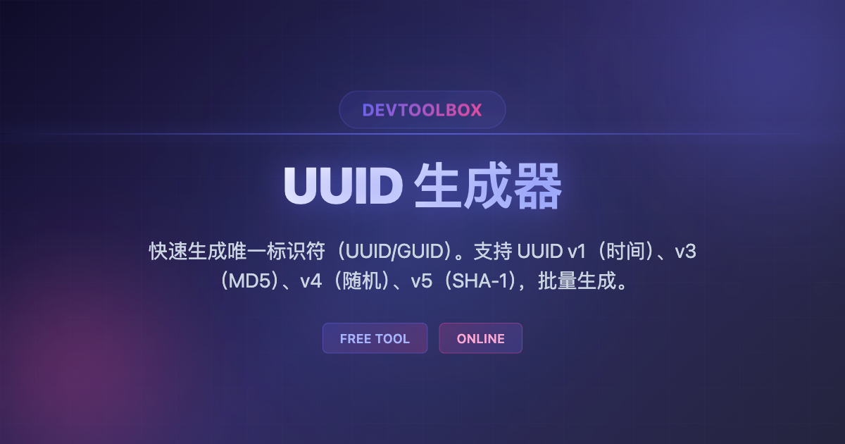 Cuid Guid/uuid UUID 生成器 - 快速生成唯一标识符(UUID/GUID)。支持 UUID v1(时间)、v3(MD5)、v4(随机)、v5(SHA-1 ...